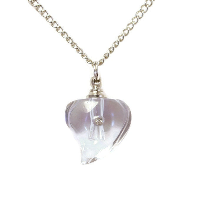 Lovely Clear Crystal Heart with Rhinestone CREMATION URN on 24" Silver Curb Chain Necklace with Velvet Pouch & Fill Kit - Memorial Keepsake
