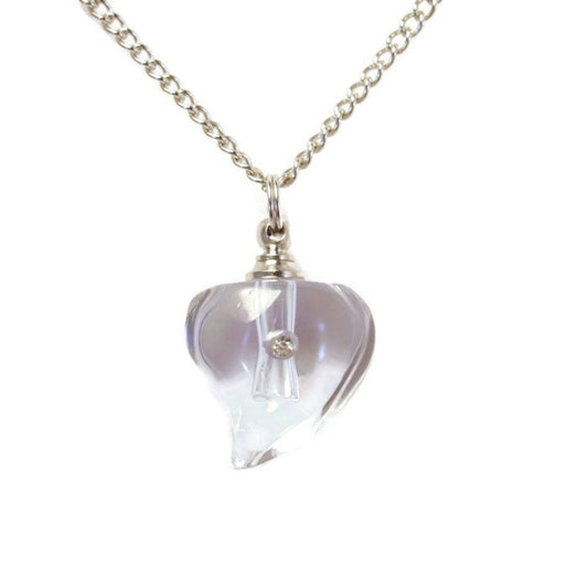 Lovely Clear Crystal Heart with Rhinestone CREMATION URN on 24" Silver Curb Chain Necklace with Velvet Pouch & Fill Kit - Memorial Keepsake