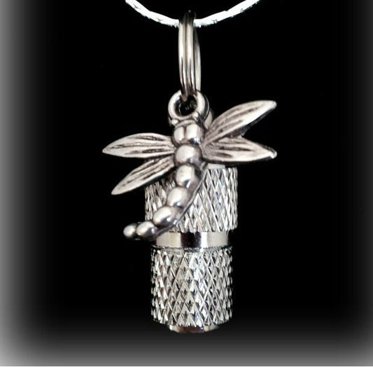 Miniature Silver Faceted Cremation Urn on 24" Necklace with Dragonfly, Mourning Jewelry, Child Urn, Pet Ashes, Urn Keepsake. Urn Necklace