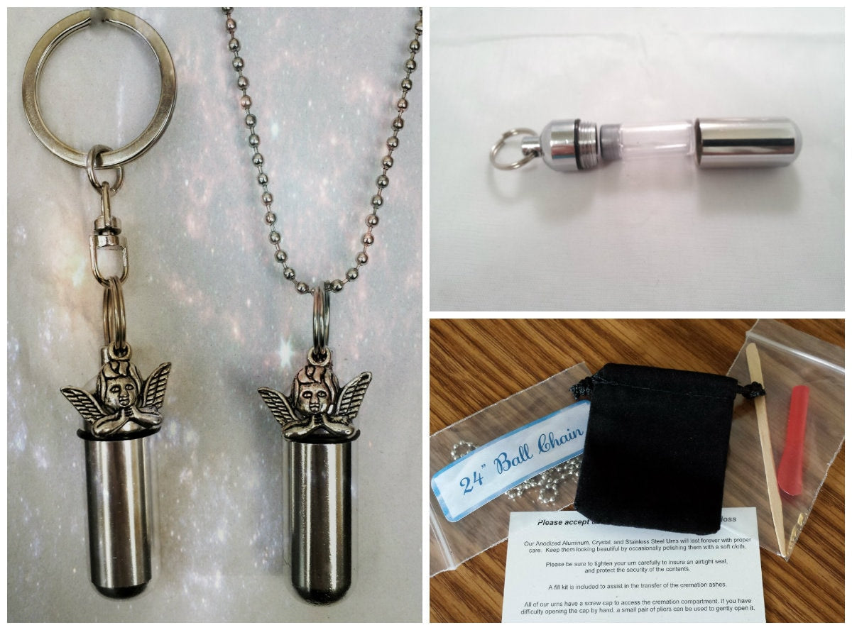Baby ANGEL 2pc. Special Set - Cremation Urn Necklace & Keychain Urn and Velvet Pouches