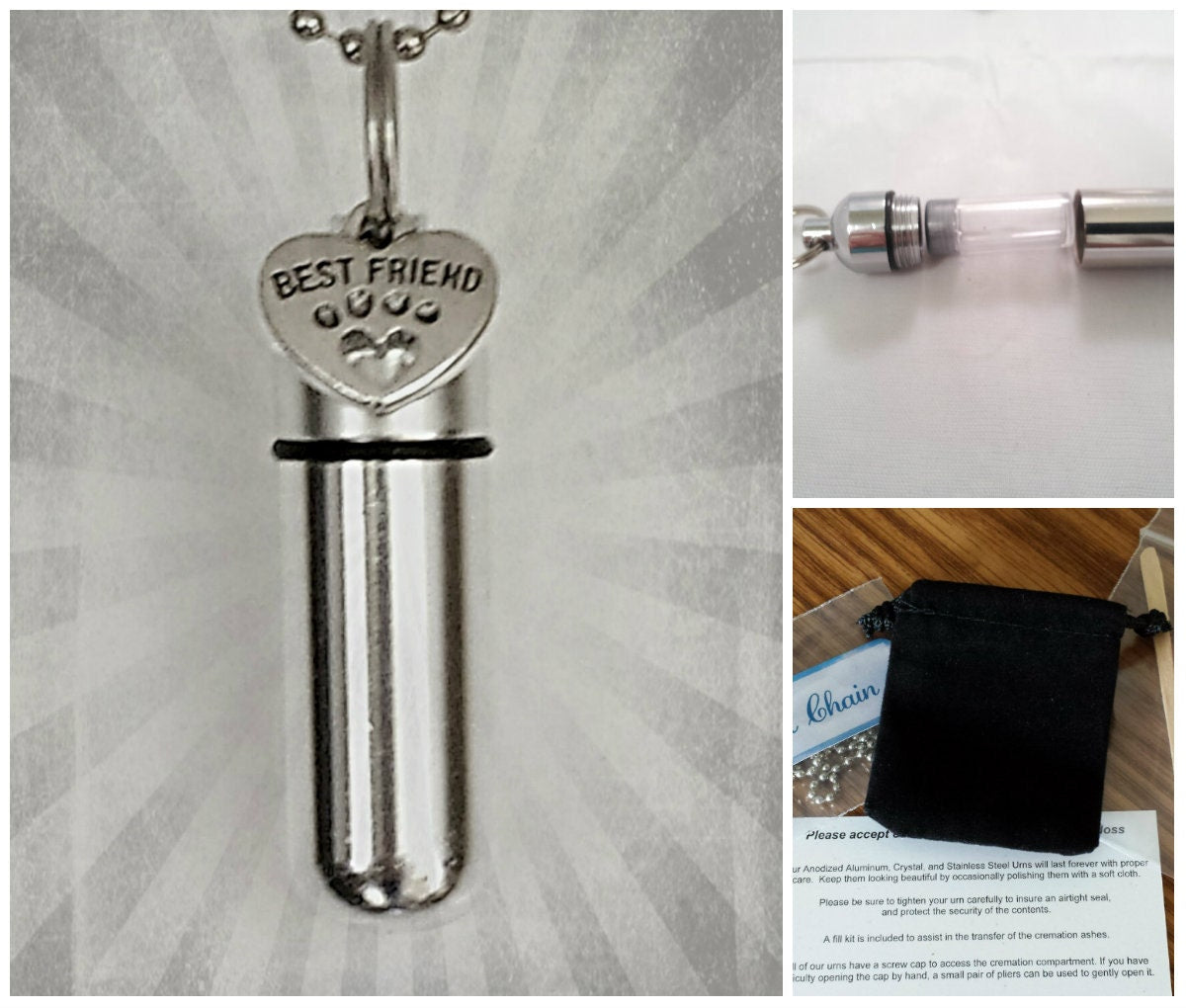 Complete Cremation Urn Set - Best Friend Pet Paw on 24" Necklace - Hand Assembled.... with Velvet Pouch and Fill Kit