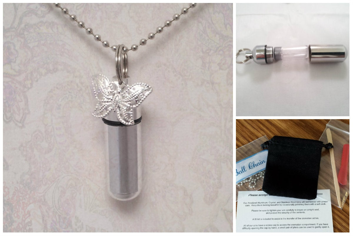 Complete CREMATION URN Set - Lace BUTTERFLY on 24" Ball-Chain Necklace with Velvet Pouch and Fill Kit