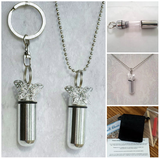 Lace Butterfly 2pc. Special Set - Cremation Urn Necklace & Keychain Urn with Velvet Pouches and Fill Kit