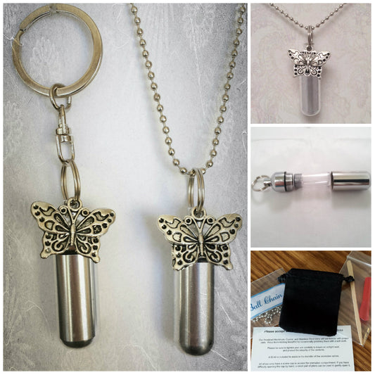 Large Butterfly 2pc. Special Set - Cremation Urn Necklace & Keychain Urn with Velvet Pouches and Fill Kit