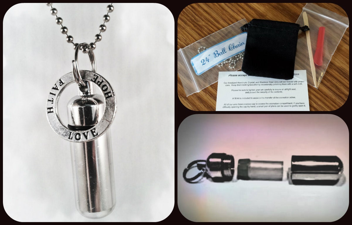 Complete Set - HOPE/LOVE/FAITH Cremation Urn on 24" Necklace - Hand Assembled.... with Velvet Pouch and Fill Kit