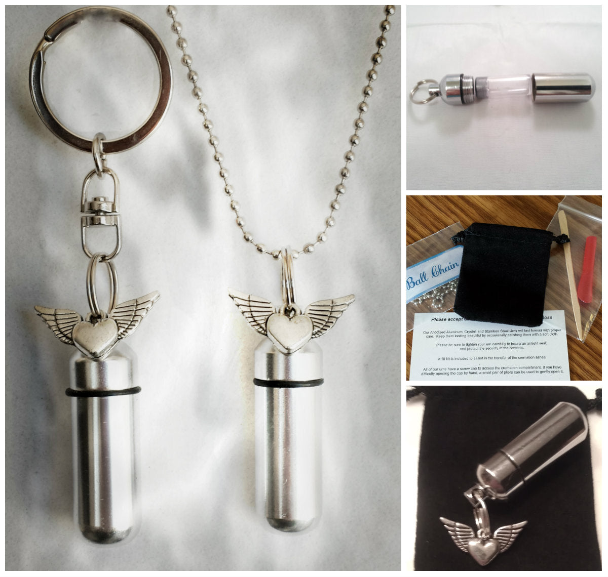 WINGED HEART 2pc. Special Set - Cremation Urn Necklace & Keychain Urn with Velvet Pouch and Fill Kit