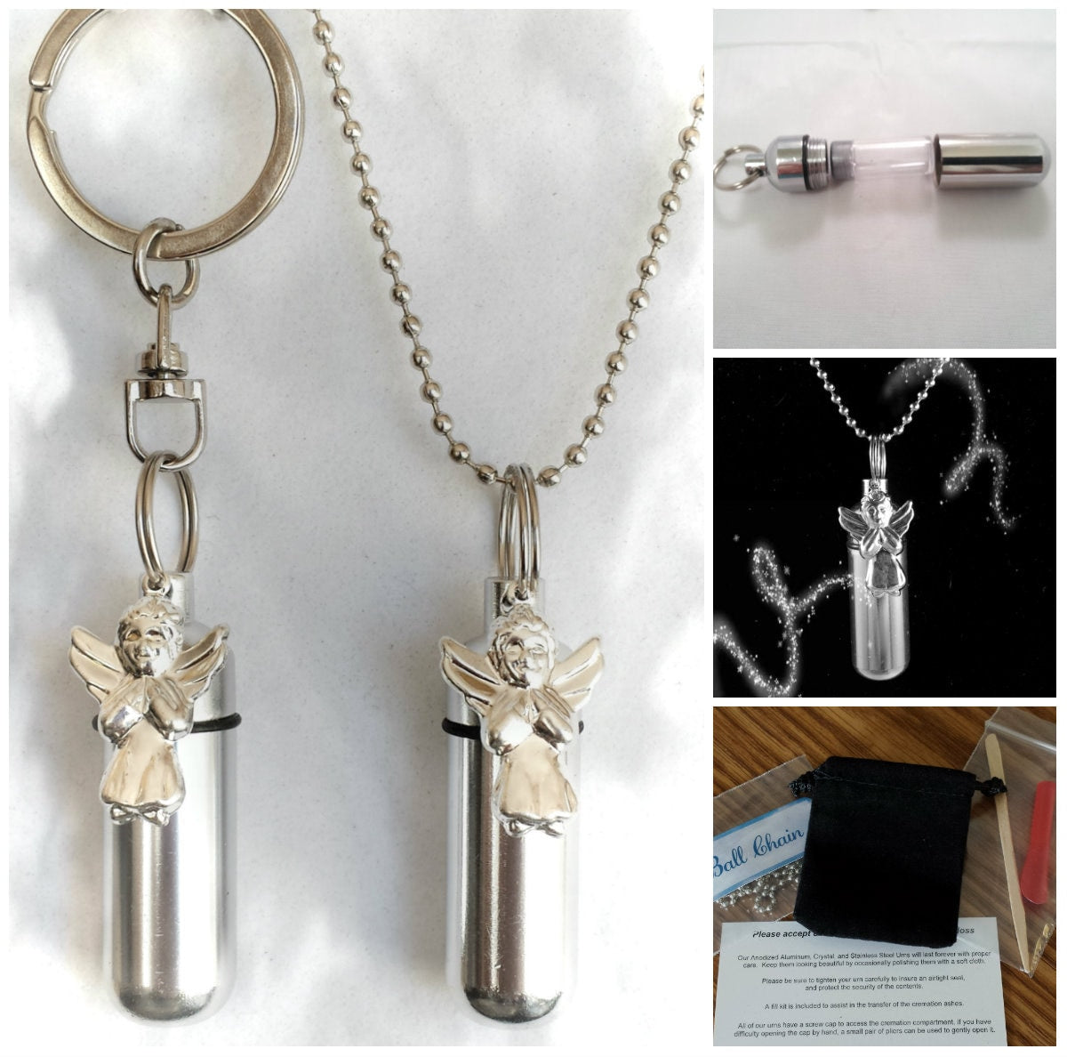 Praying  ANGEL  2pc. Special Set - Cremation Urn Necklace & Keychain Urn and Velvet Pouches