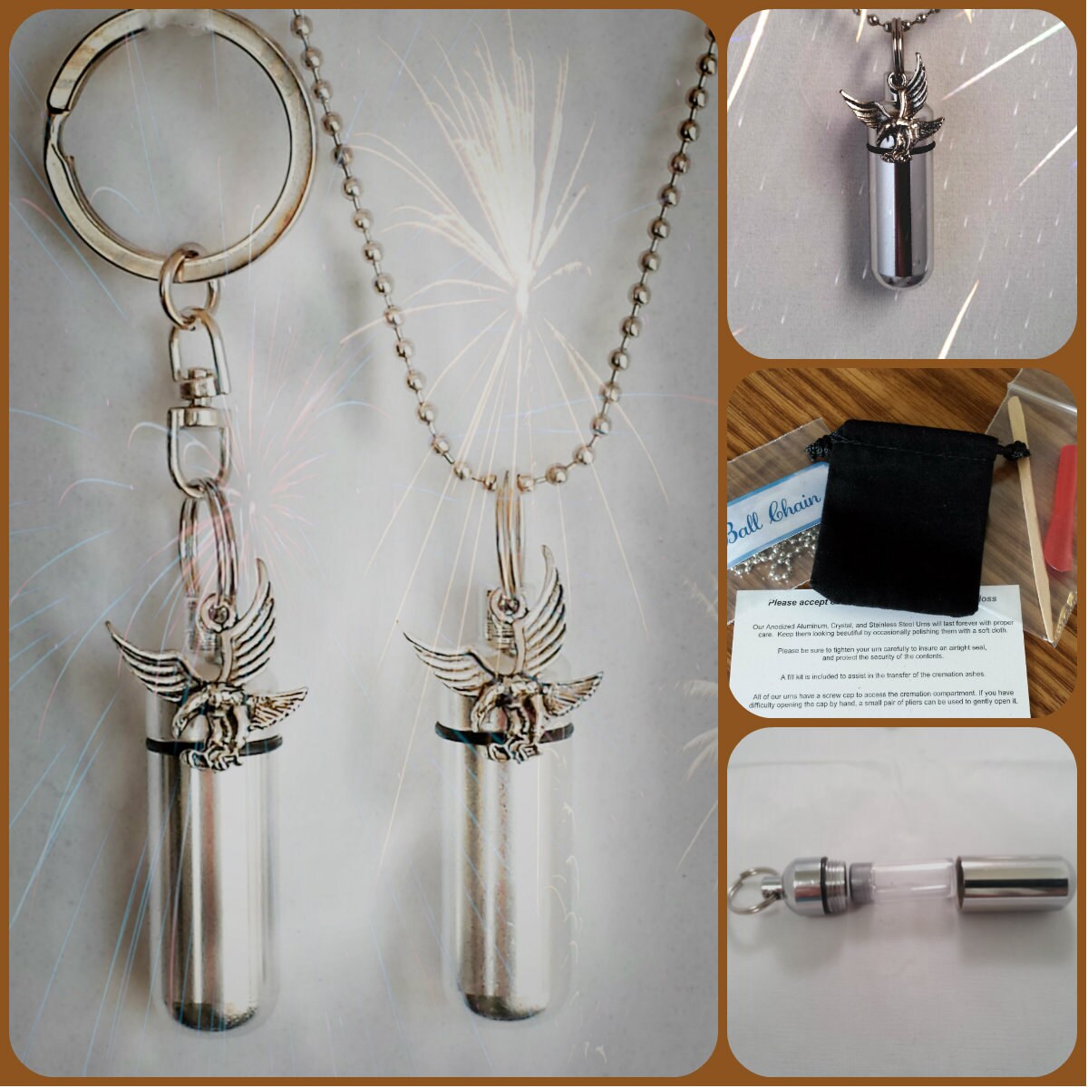 American Eagle 2pc. Special Set - Cremation Urn Necklace & Keychain Urn with Velvet Gift Pouches