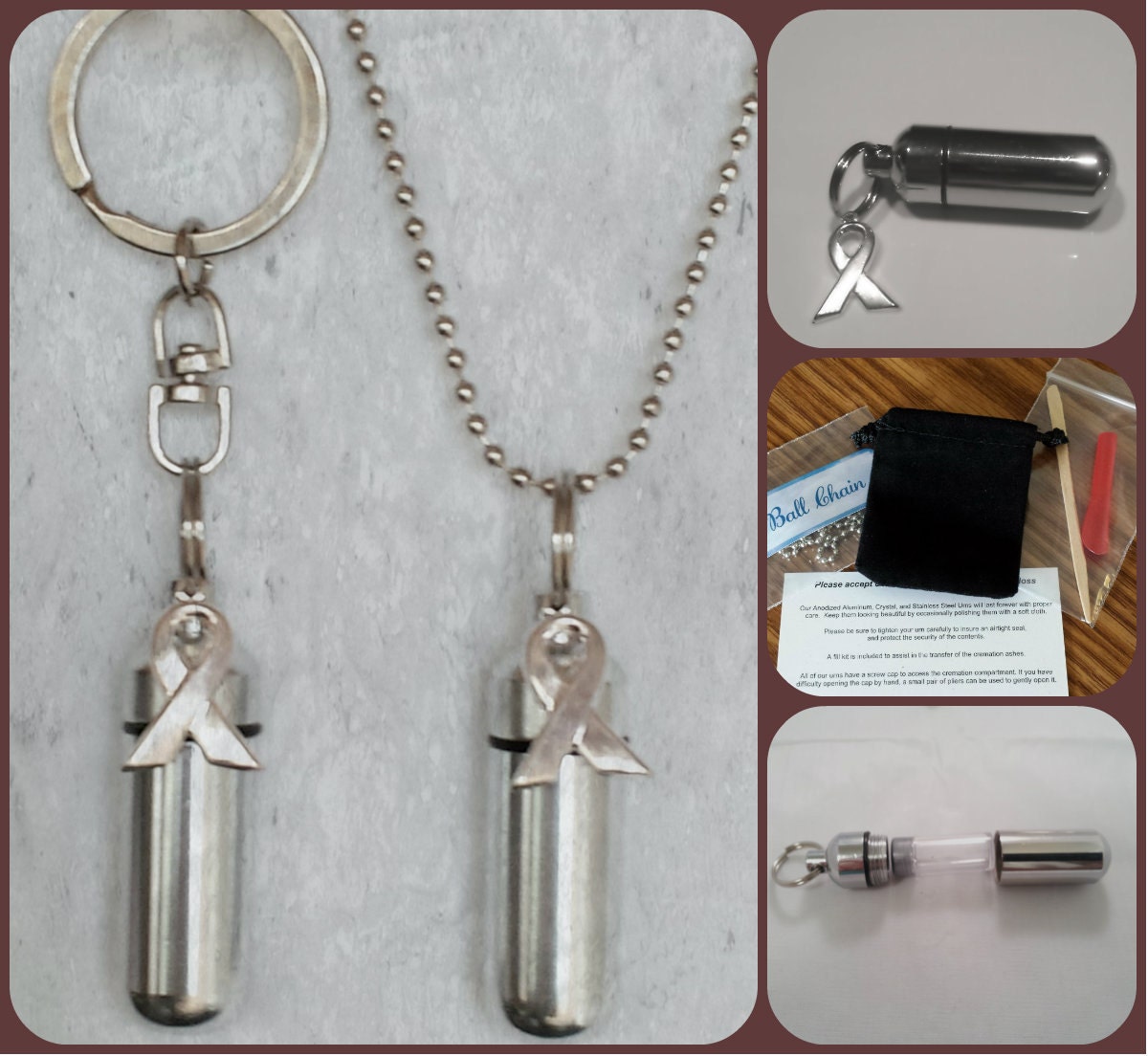 Cancer Awareness 2pc. Special Set - Cremation Urn Necklace & Keychain Urn with Velvet Pouches and Fill Kit