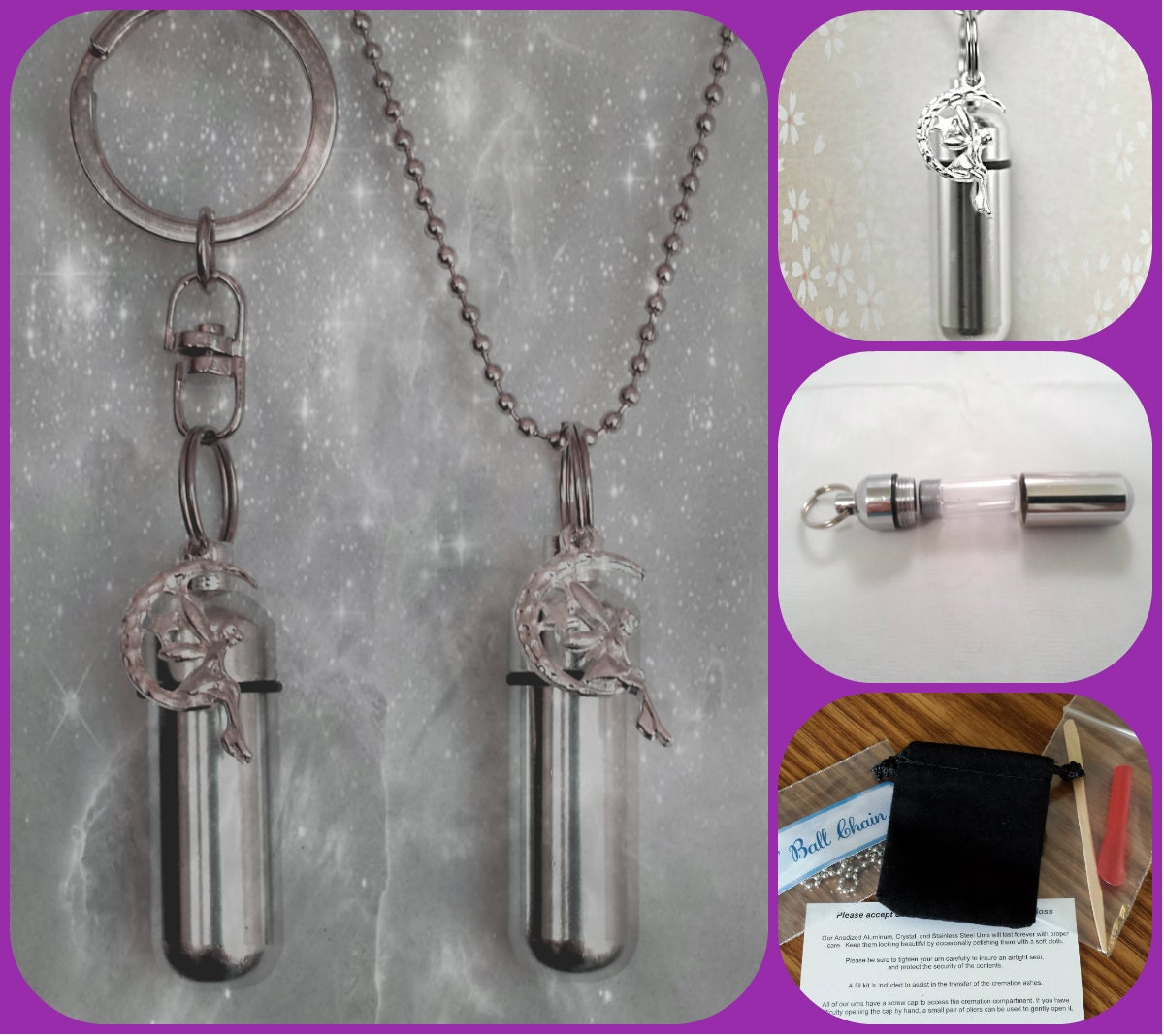 Fairy Angel on Moon 2pc. Special Set - Cremation Urn Necklace & Keychain Urn and Velvet Pouches