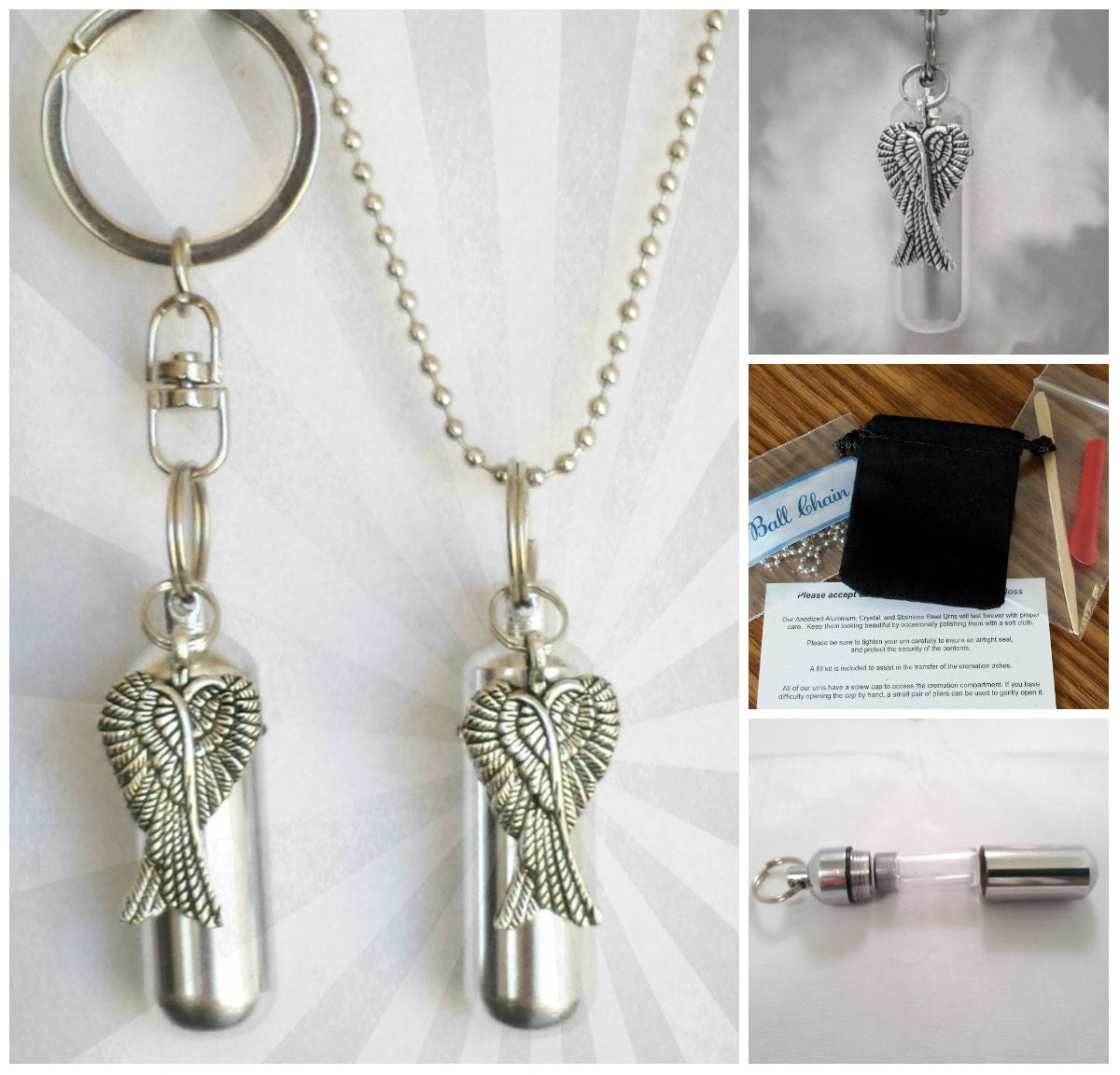 Crossed Angel Wings 2pc. Special Set - Cremation Urn Necklace & Keychain Urn and Velvet Pouches