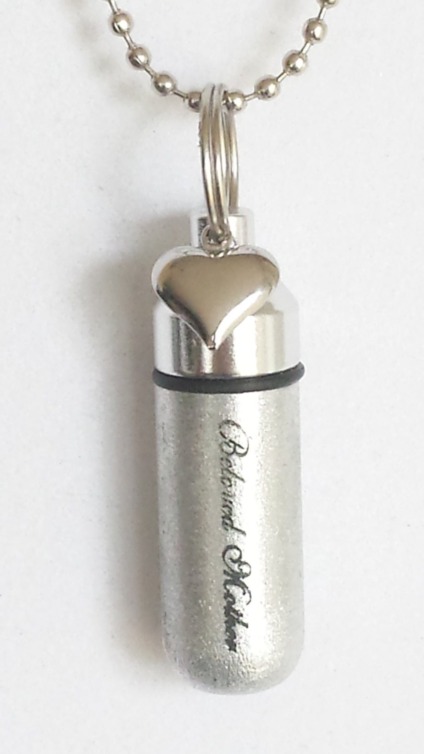 Engraved "Beloved Mother" with Silver Heart - Brushed Sliver Cremation Urn Necklace - Hand Assembled with Velvet Pouch and Fill Kit
