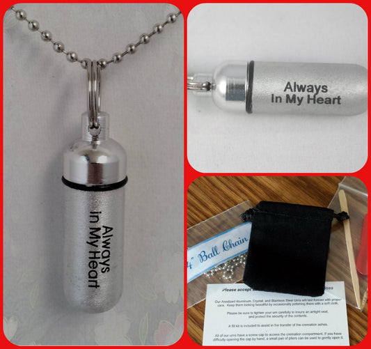 Lovely Engraved "Always In My Heart"  Cremation Urn Necklace - Hand Assembled.... with Velvet Pouch and Fill Kit
