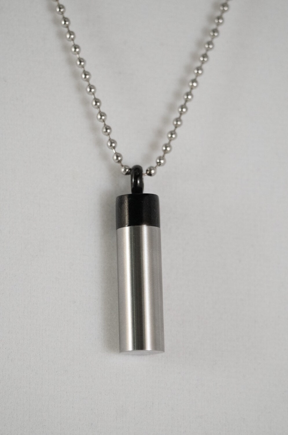 Classic Stainless Steel with Black Cap - Cremation Urn on 24" Ball-Chain Necklace - with Velvet Pouch