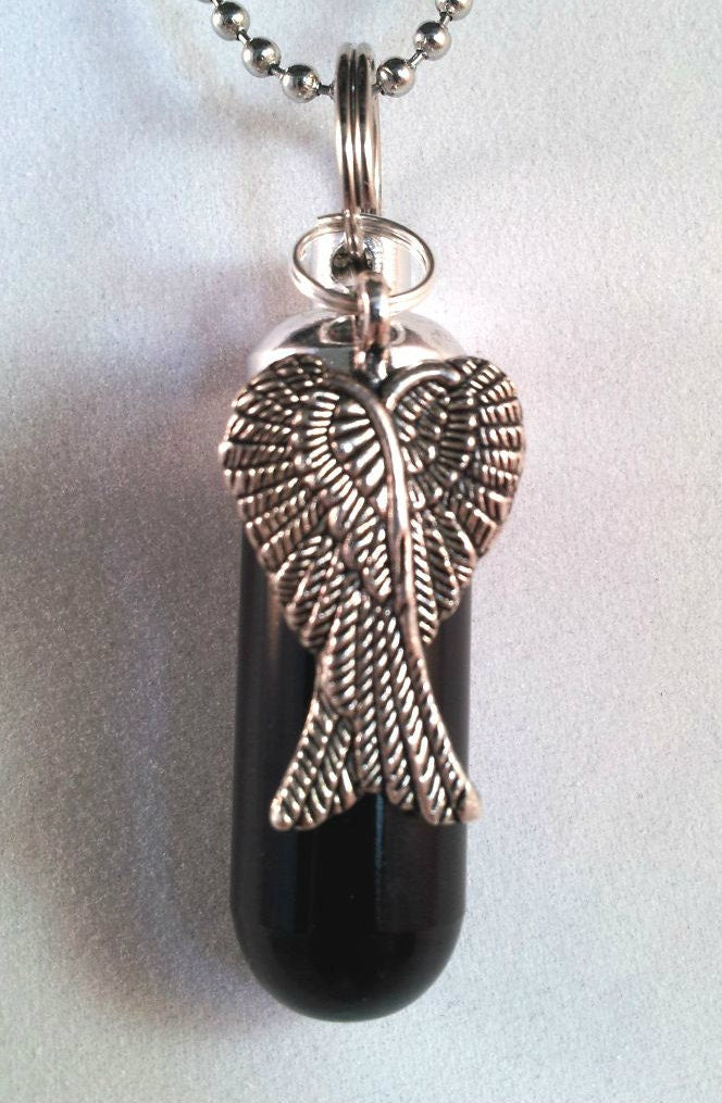 Black Cremation Urn Necklace - Large Angel Wings - Hand Assembled.... in Velvet Pouch with Fill Kit