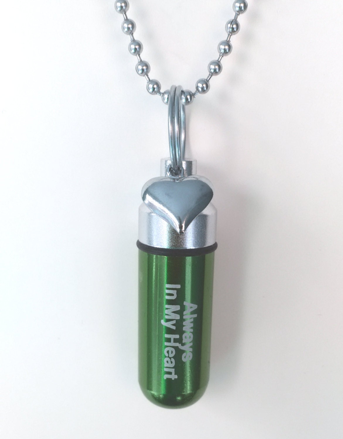 Green Engraved "Always In My Heart" with Silver Heart  - Cremation Urn Necklace - Hand Assembled.... with Velvet Pouch and Fill Kit