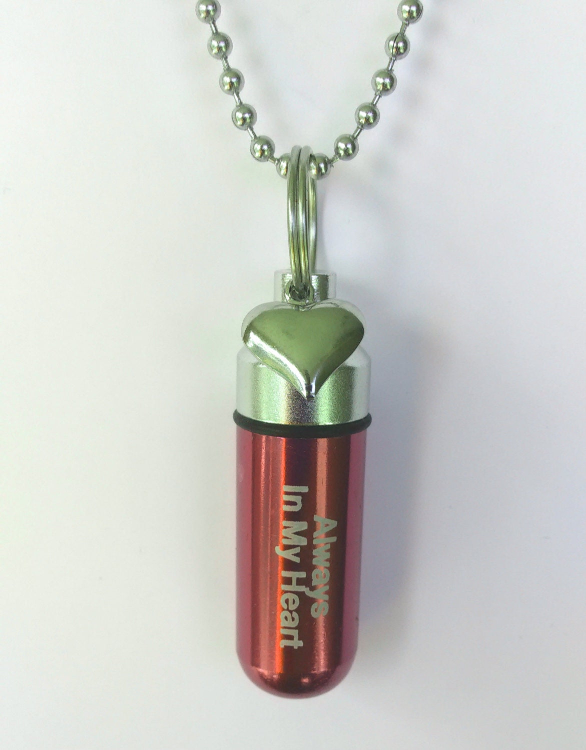 Red/Silver Engraved "Always In My Heart" CREMATION URN NECKLACE with Silver Heart - Hand Assembled - with Velvet Pouch and Fill Kit
