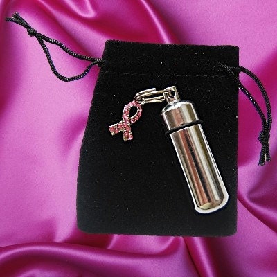 Set of 10 Brushed Silver CREMATION URN NECKLACES Breast Cancer Awareness w/Rhinestones, Ashes Necklace, Memorial Jewelry, Mourning Jewelry