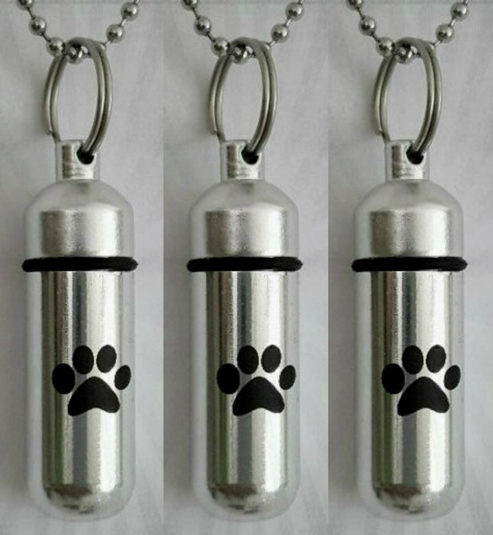 THREE Laser Engraved Large Simple Paw CREMATION URN Necklaces with Velvet Pouches, Ball-Chains and Fill Kit