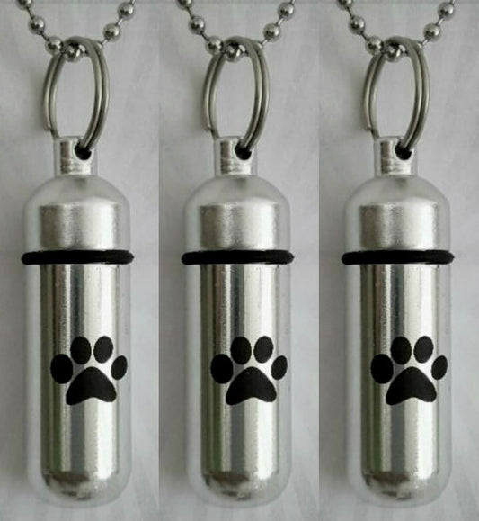 THREE Laser Engraved Large Simple Paw CREMATION URN Necklaces with Velvet Pouches, Ball-Chains and Fill Kit