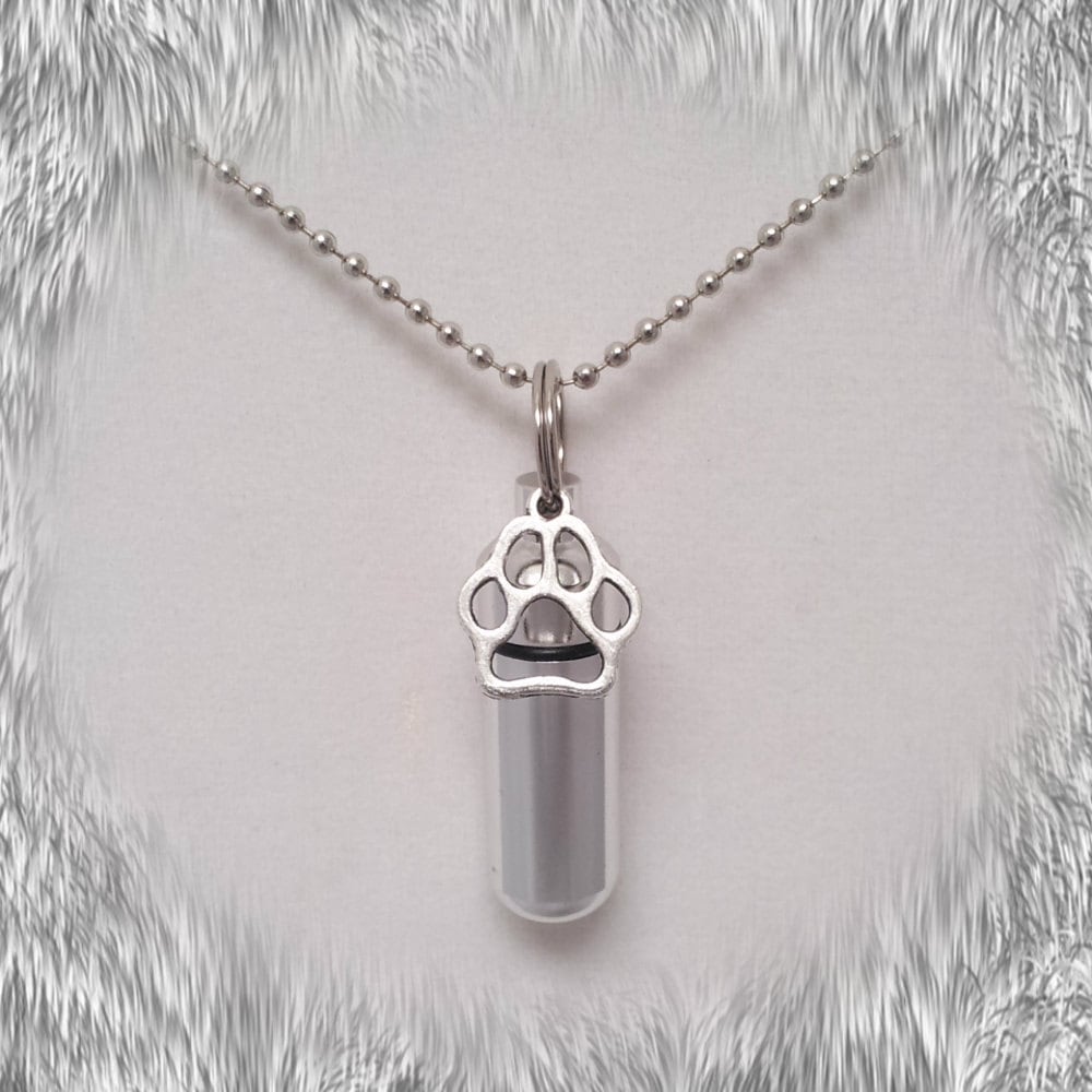 Dog/Cat/Pet Set of 5 Silver Paw CREMATION URN Necklaces with Engraved Paws on Bottom - Includes 5 Pouches, 5 Ball-Chains & Fill Kit