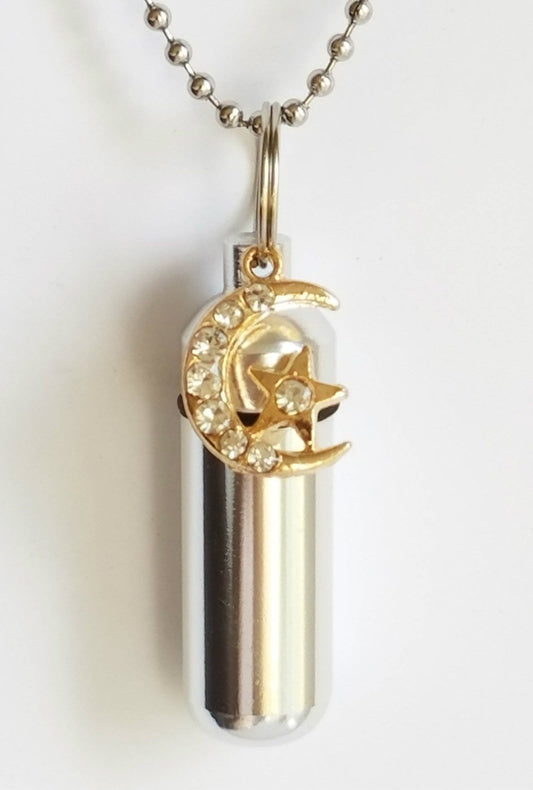 Personal CREMATION URN NECKLACE with Gold Crescent Moon Charm - Includes Velvet Pouch, 24" Steel Ball Chain, Fill Kit