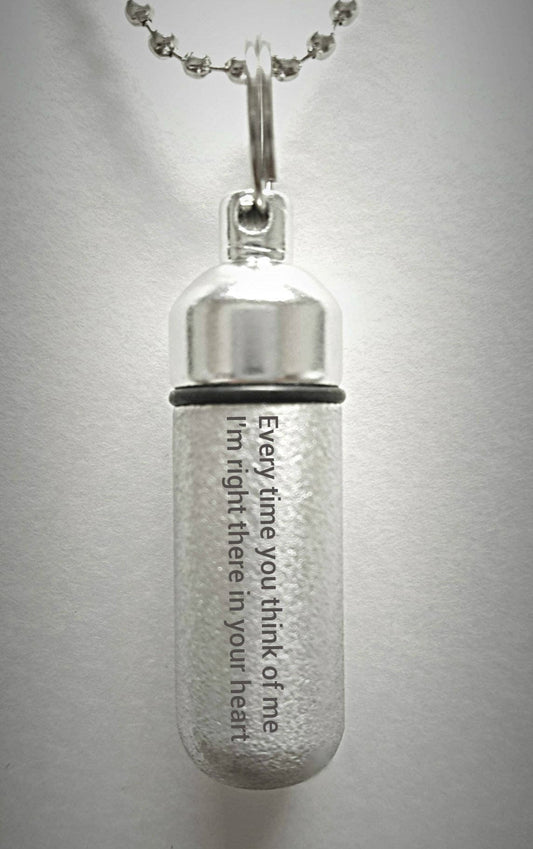 Engraved Brushed Silver CREMATION URN  "Every time you think of me I'm right there in your heart"  Necklace with Velvet Pouch and Fill Kit