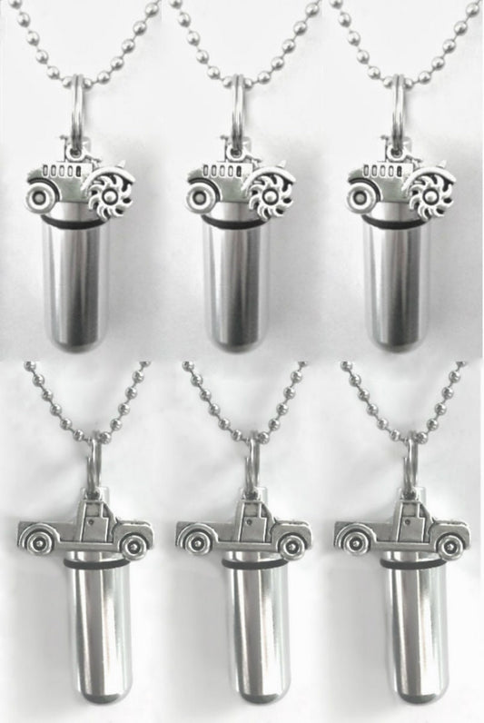 Set of SIX  Cremation Urn Necklaces - Tractors & Pickup Trucks - Urn Keepsakes, Mourning Jewelry, Urn For Human Ashes, Personalized Urn