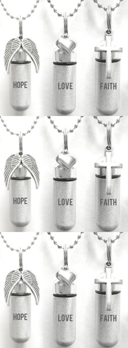 Set of NINE Engraved Hope/Love/Faith Brushed Silver Cremation URNS - with Wings, Hearts, Crosses - Includes 24" Ball Chains & Velvet Pouches