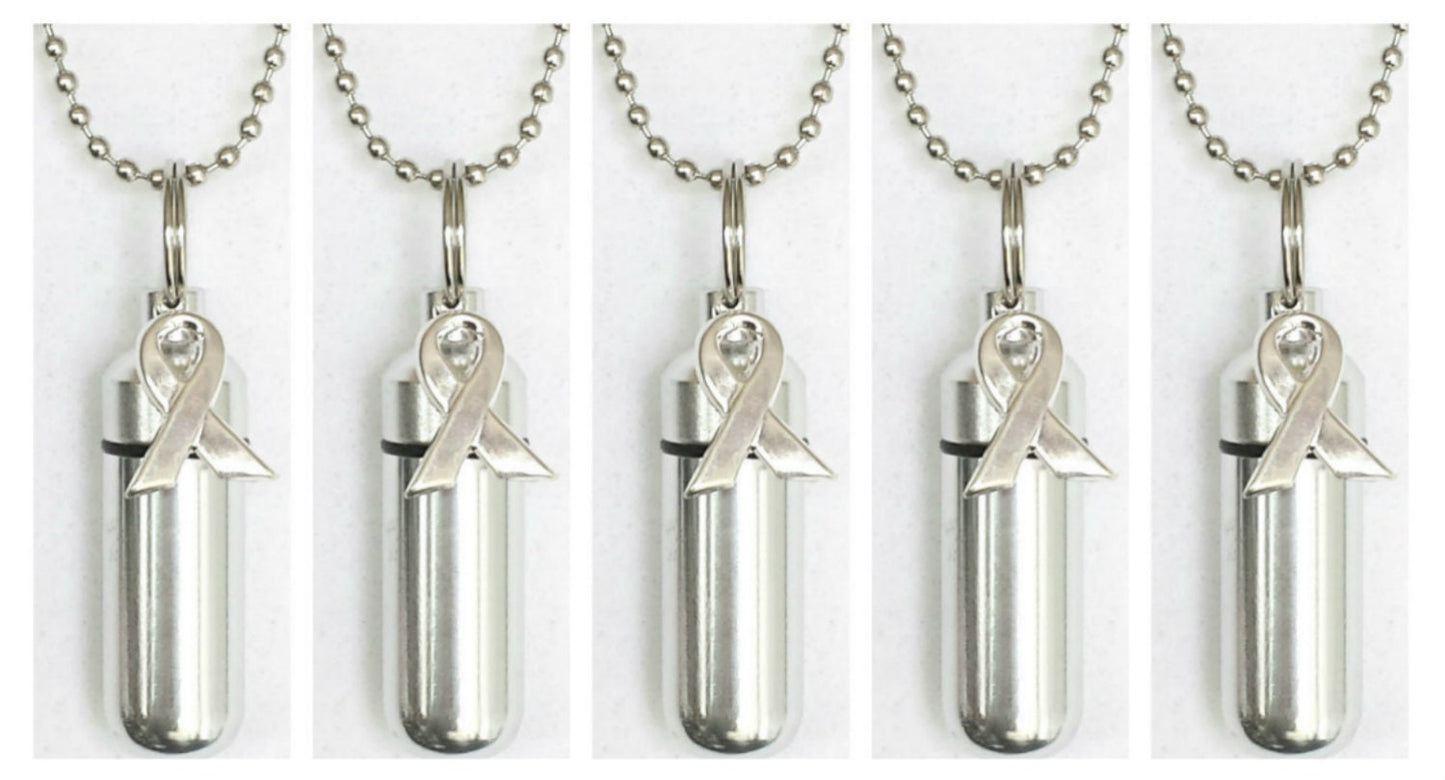 Set Of FIVE Silver Cancer Awareness CREMATION URN Necklaces - Memorial Keepsake, Urn For Human Ashes, Urn Keepsake, Ashes Jewelry, Pet Urn