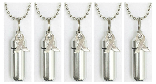 Set Of FIVE Silver Cancer Awareness CREMATION URN Necklaces - Memorial Keepsake, Urn For Human Ashes, Urn Keepsake, Ashes Jewelry, Pet Urn