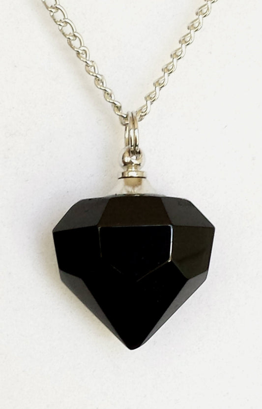 Black Crystal Diamond Cremation Urn Necklace, Silver Curb-Chain, Mourning Jewelry