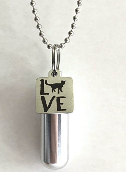 Personal CREMATION URN Necklace with Laser Engraved "LOVE with Cat" Charm