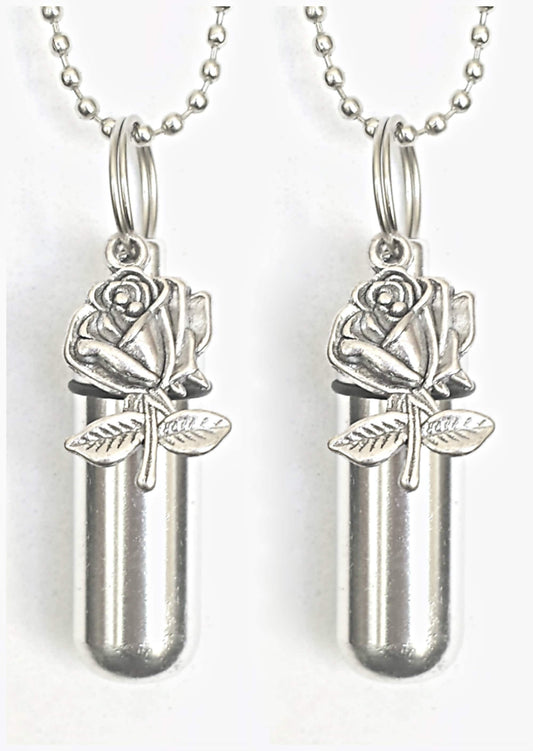 TWO Lovely Silver Roses CREMATION URN Necklaces with Engraved "Love Hearts".  Child Loss, Miscarriage, Bereavement, Gift, Loss of Loved One