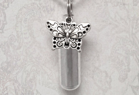 Silver Cremation Urn Necklace with Silver BUTTERFLY Charm - Urn for Human Ashes, Child Urn, Pet Keepsake, Infant Urn, Loss of Mother