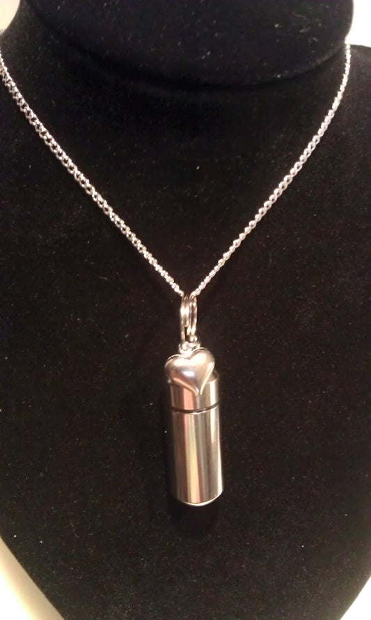 Silver Cremation Urn on 24" Curb Chain Necklace with Puffed Heart - Hand Assembled.... in Black Velvet Pouch