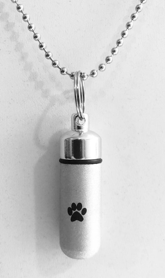 Brushed Silver CREMATION URN Necklace with Engraved Paw Print.  Includes Velvet Pouch, Ball-Chain & Fill Kit