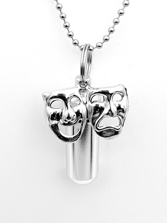 Beautiful Silver Comedy/Tragedy Mask Cremation Urns on 24" Steel Ball Chain Necklaces