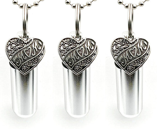 Set of Three MOM LOVE HEART Cremation Urns on 24" Steel Ball Chain Necklaces - Urn Keepsake, Ashes Necklace, Mom Urn, Personalized Urn