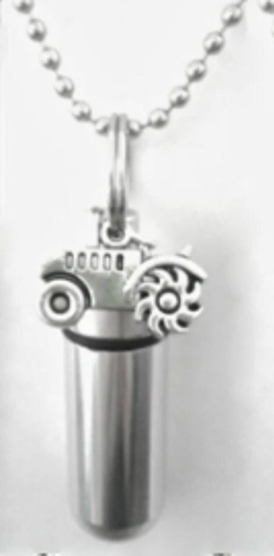 Personal CREMATION URN on 24" Ball-Chain Necklace with Silver Tractor - Hand Assembled.... with Velvet Pouch and Fill Kit