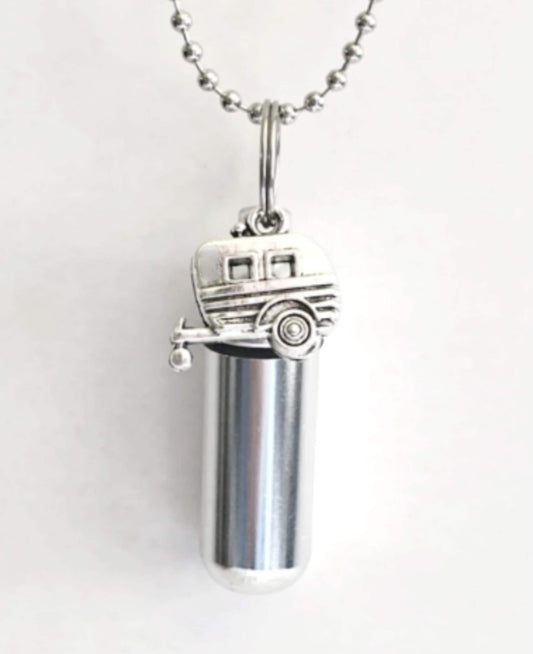 Camper Cremation Urn Necklace, Silver RV Trailer, Memorial Jewelry