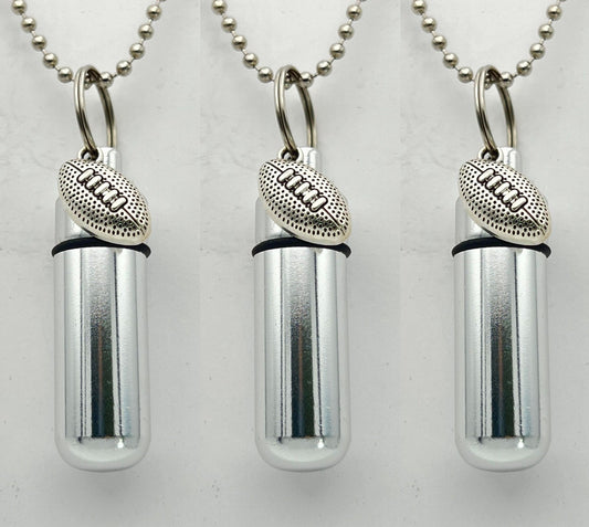 Set of Three Football Cremation Urns – Steel Ball-Chain Memorial Necklaces
