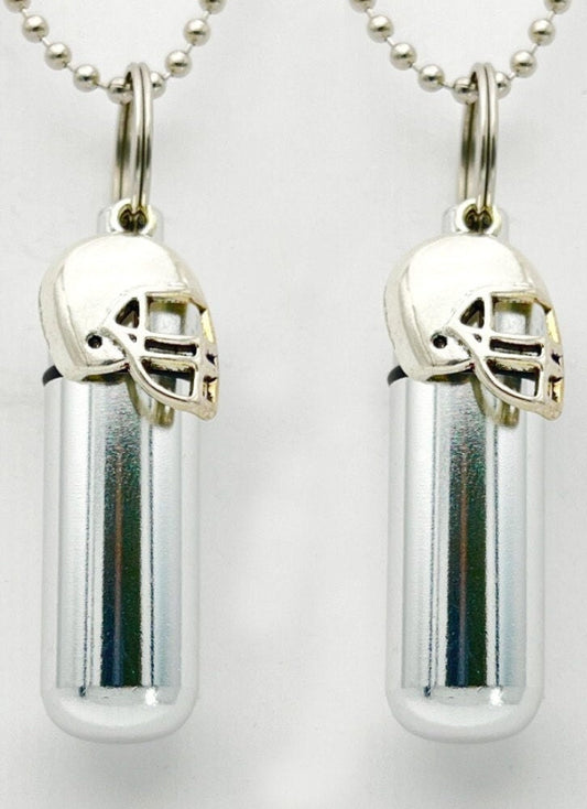 Set of TWO Football Helmet CREMATION URNS on 24" Steel Ball-Chain Necklaces with Two Velvet Pouches and Fill Kit, Loss Of Dad
