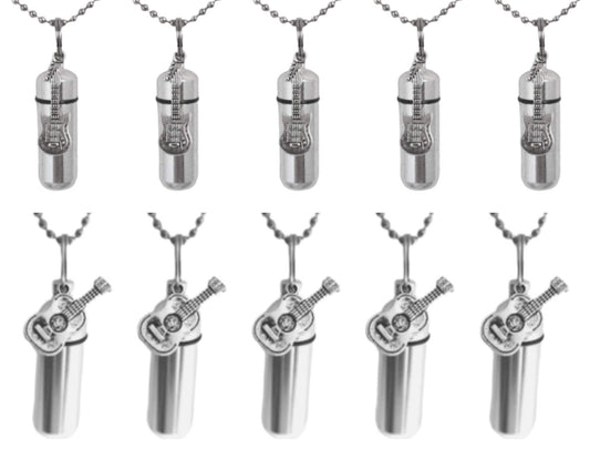Set of TEN Silver CREMATION URN Necklaces w/5 Electric & 5 Folk Guitars, Ashes Necklace, Memorial Urn, Mourning Jewelry, Engraving Available