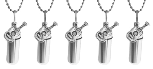 Set of Five Silver CREMATION URN Necklace with Acoustic/Folk Guitar - Mourning Jewelry, Memorial Keepsake, Ashes Necklace, Keepsake Urn