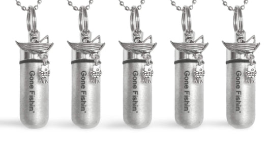 FIVE Brushed Silver Cremation Urn Necklaces with Laser Engraved  GONE FISHIN'  Fisherman in Boat, Urn for Human Ashes, Urn Necklace for Men