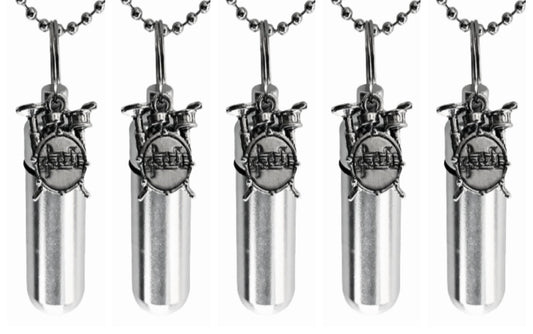 Custom Engraving Included!  Set Of Five Musical Drum Set CREMATION URN Necklaces - Memorial Jewelry, Ashes Keepsake, with Pouches & Fill Kit
