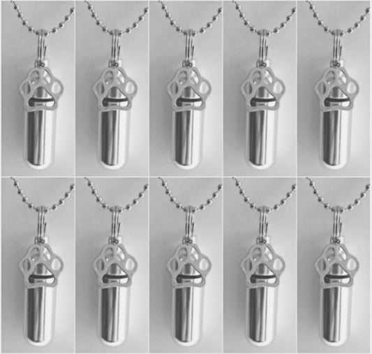 TEN Pet Cremation Necklaces with Silver Dog/Cat Paws, Urn Necklace, Ashes Jewelry, Pet Memorial, Mourning Jewelry, Loss of Pet, Pet Urn