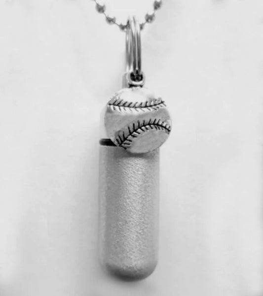 Brushed Silver Baseball Cremation Urn Necklace - Stainless Steel Ball Chain