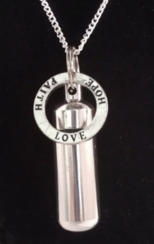Silver Cremation Urn on 24" Ball-Chain Necklace "FAITH-LOVE-HOPE" - Keepsake Urn, Memorial Jewelry, Child Urn, Pet Urn, Mourning Jewelry